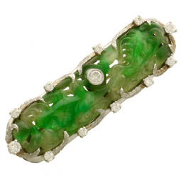 Art Deco Deep Green Jade Diamond Brooch | .85 CTS TW Diamonds